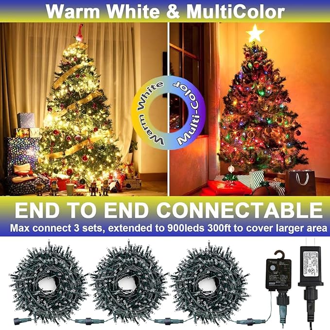 Christmas Lights 300 LED 108FT Color Changing Christmas Tree Lights with Warm White & Multicolor, 11 Modes Waterproof and Connectable Christmas String Lights with Remote for Xmas Decorations