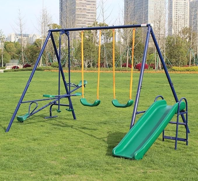 Swing Set for Backyard Outdoor Heavy Duty A-Frame Metal Playset with Seesaw, 2 Swings, Slide and Glider for Kids Toddlers