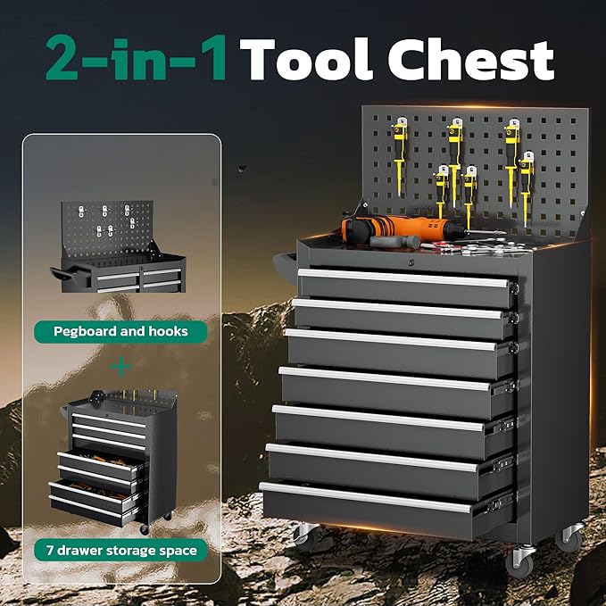 Greenvelly Tool Chest, 7-Drawer Rolling Tool Chest with Hooks and Lockable Wheels,Tool Cabinet with Pegboard and Handle for for Garage,Workshop,Art Studio(Black)