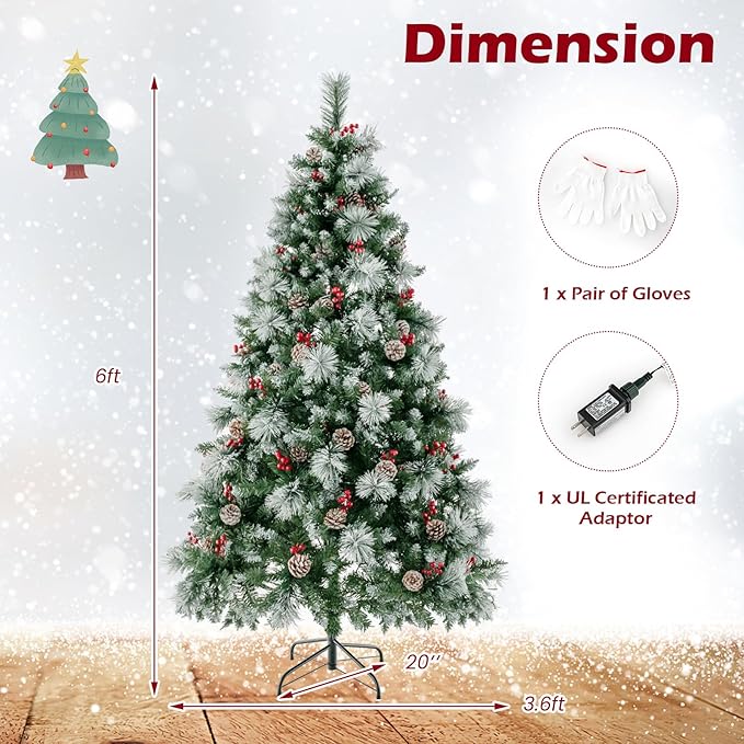 GOFLAME 6FT Pre-Lit Christmas Tree with Pine Needles, Hinged Artificial Xmas Tree with 747 Branch Tips, 350 LED Lights, 55 Pine Cones & 55 Red Berries, Holiday Decoration Tree with 11 Lighting Modes