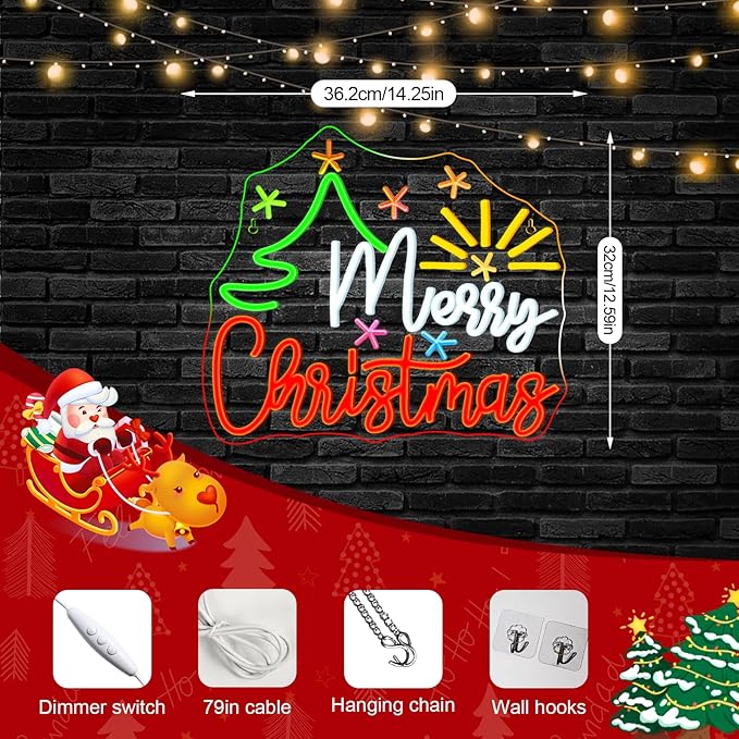 Horseneon Christmas Tree Neon Sign Bright LED Wall Decoration for Home Shop USB Power Adjustable Brightness Christmas Tree Neon Signs for Holiday