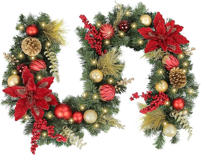 WBHome Pre-lit 6 Feet/72 Inch Christmas Garland, Red & Gold Lighted Garland with 35 LED Lights for Indoor Outdoor Xmas Decor Holiday Decorations, Battery Operated (Batteries NOT Included)