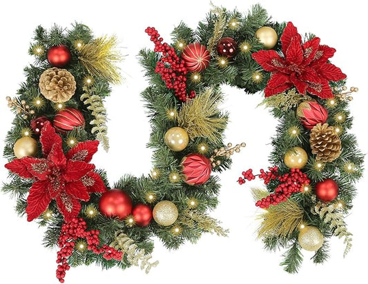 WBHome Pre-lit 6 Feet/72 Inch Christmas Garland, Red & Gold Lighted Garland with 35 LED Lights for Indoor Outdoor Xmas Decor Holiday Decorations, Battery Operated (Batteries NOT Included)