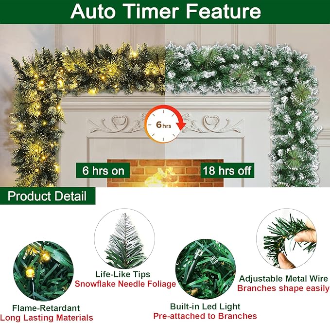 9FT Prelit Christmas Garland with 100 LED Lights Outdoor Lighted Christmas Garland for Mantle, Christmas Lights String Lights with Timer, Snowy Xmas Garland Cedar Bristle Garland