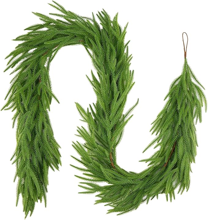 2Pc 6Ft Christmas Artificial Norfolk Pine Garlands, Green Winter Norfolk Pine Stems for Fireplace, Staircase, Dining Table, Door,Holiday Party Christmas Decorations(2, 6FT)