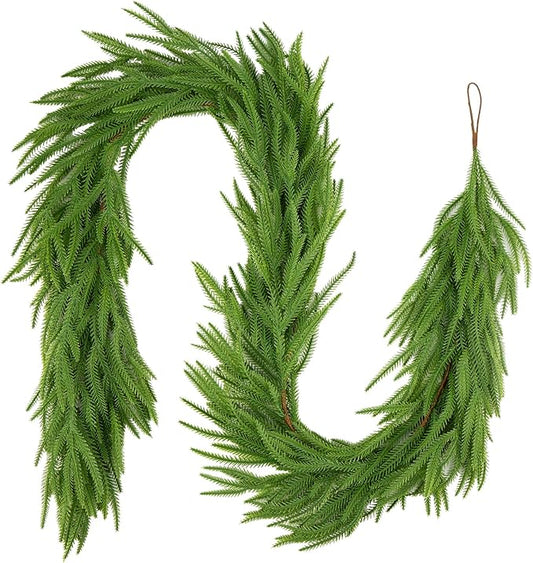 2Pc 6Ft Christmas Artificial Norfolk Pine Garlands, Green Winter Norfolk Pine Stems for Fireplace, Staircase, Dining Table, Door,Holiday Party Christmas Decorations(2, 6FT)