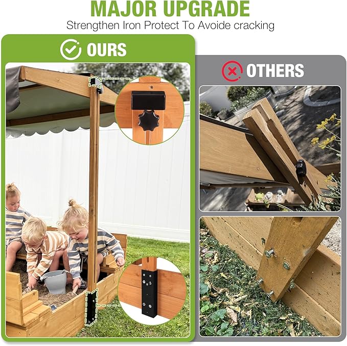 Sandbox with Lid Wooden Kids Sand Box for Backyard with Canopy and Foldable Bench Seats,UV-Resistant,Adjustable Height Roof