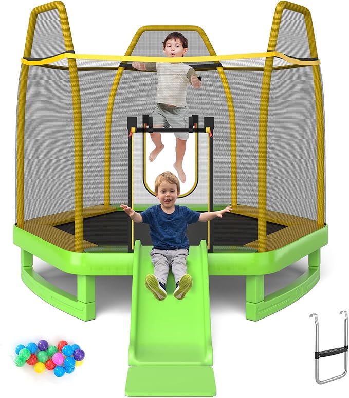 Goplus 7 FT Kids Trampoline with Slide, 87¡± ASTM Approved Toddler Trampoline with Galvanized Steel Frame & Safety Enclosure Net, Ladder, Indoor Outdoor Recreational Rebounder for Kids