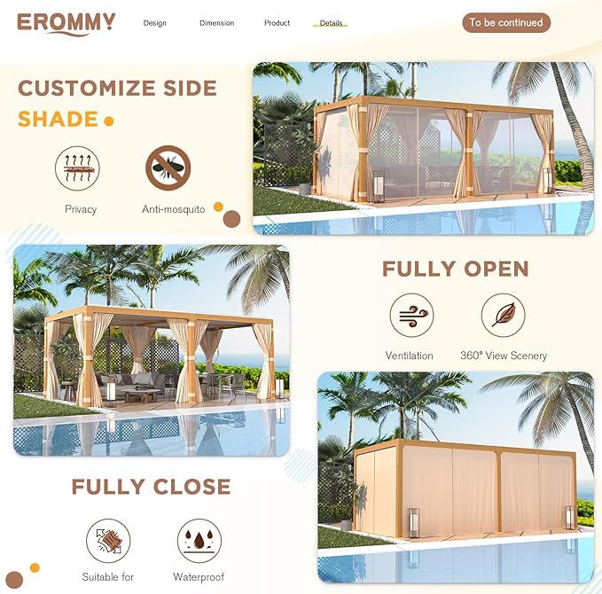 EROMMY Louvered Pergola 10' x 20' Outdoor Hard Top Gazebo with Wooden Grain Aluminum Frame and Adjustable Metal Rainproof Roof for Garden & Patio, Curtains and Netting Included, Wood Grain