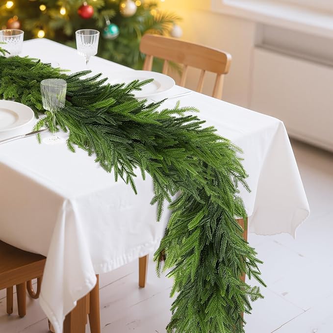 9FT Artificial Norfolk Pine Garland, Realistic Real Touch Christmas Garland, Faux Fake Greenery Garlands for Table, Mantle, Window, Stairs, Fireplace, Outdoor Indoor Christmas Decorations(1Pcs)