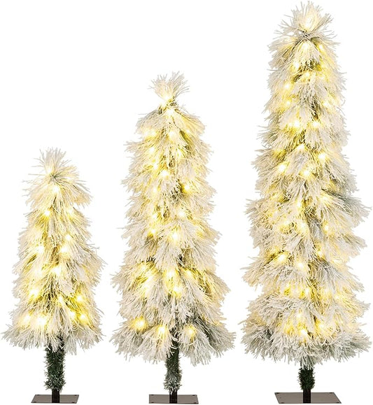 GOFLAME Set of 3 Pre-lit Christmas Tree, Snow Flocked Artificial Xmas Trees 3Ft, 4Ft and 5Ft with Warm White LED Lights, Pine Needles and Metal Base, Holiday Decoration Tree for Home Office Party