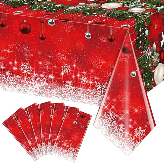 Jectivs 6Pieces Merry Christmas Tablecloth Plastic Christmas Tree Ball Table Cover Rectangle Winter Snowflake Tablecloth for Merry Christmas Holiday New Year Eve Party Decorations Supplies,54x108inch