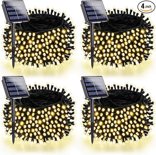 4 Pack 180FT Solar String Lights for Outside, Super Bright 320 LED Solar Christmas Lights Outdoor Waterproof with 8 Modes, Green Wire Solar Twinkle Fairy Lights for Xmas Tree Party Yard (Warm White)