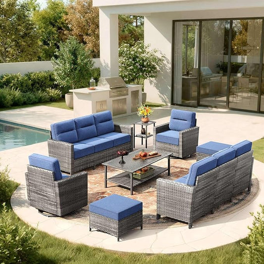 Luxury 8-Piece Patio Furniture Set with 6-Inch Thick Cushions, Outdoor Couch and Swivel Rocker Chairs, Wicker Conversation Set for Porch, Deck, Yard, Pool in Blue