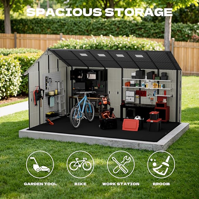 Devoko 10 x 14 FT Resin Outdoor Storage Shed, Extra Large Plastic Shed with Skylight, Floor and Lockable Door, Storage Bike, Tools, Lawn Mower for Garden, Backyard, Patio, Beige