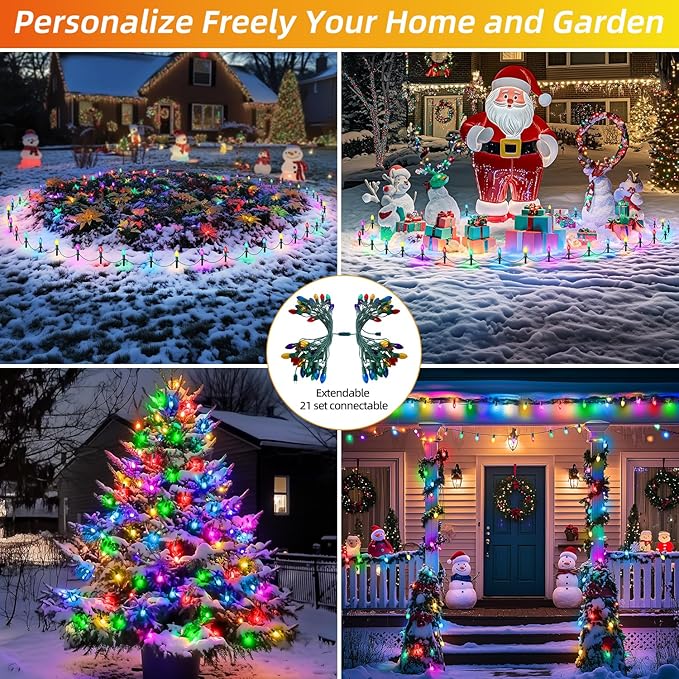 45Ft C9 Led Christmas Pathway Lights Outdoor, 30 Multicolor Bulbs Waterproof Connectable Christmas Walkway Lights with Stakes for Yard Lawn Sidewalk Driveway Decorations