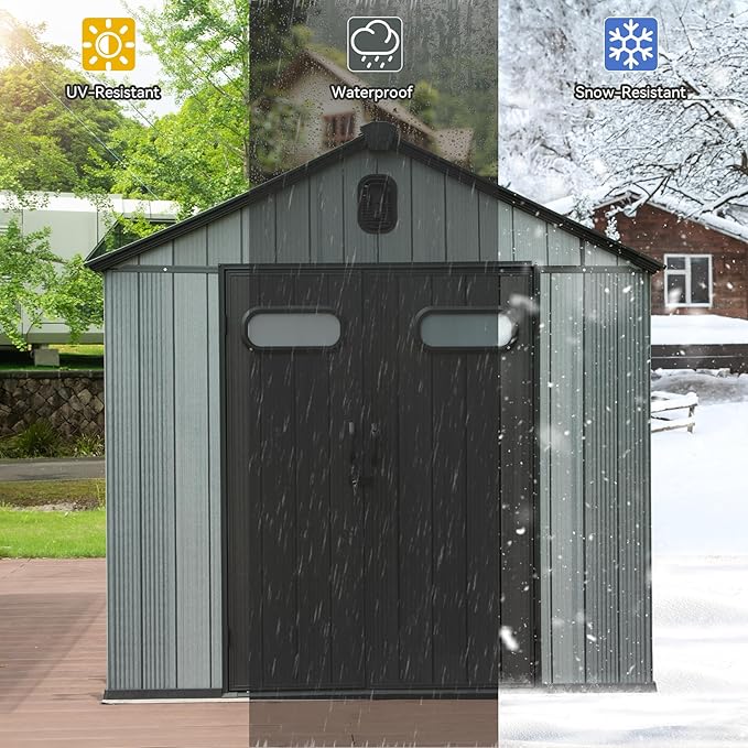 8X6 FT Outdoor Resin Storage Shed, Waterproof Plastic Garden Shed with Lockable Door, Windows & Vents, Outside Storage Tool Shed for Patio Furniture, Lawn Mower, Bike
