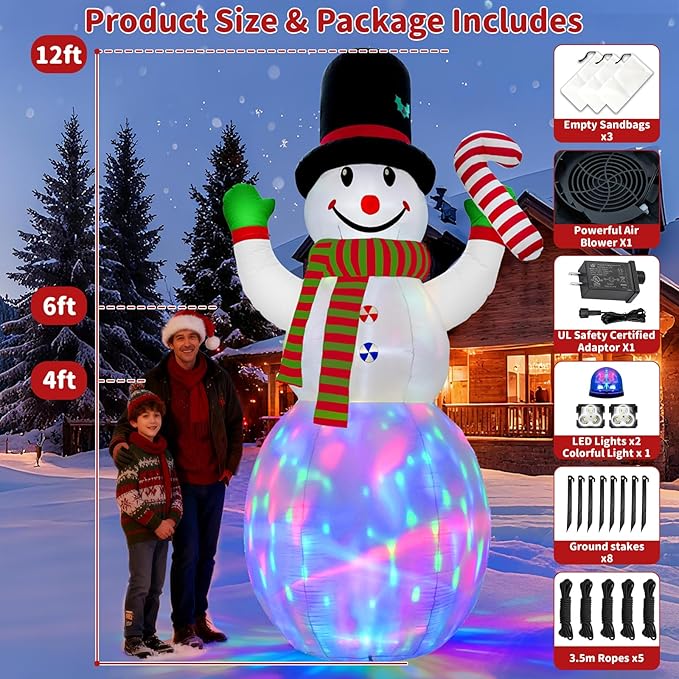 12FT Christmas Inflatables Snowman Outdoor Decorations, Giant Christmas Blow Up Snowman Inflatable in Waving Pose with Candy Cane, Rotating Colorful LED Light for Holiday Party Garden Yard Deco