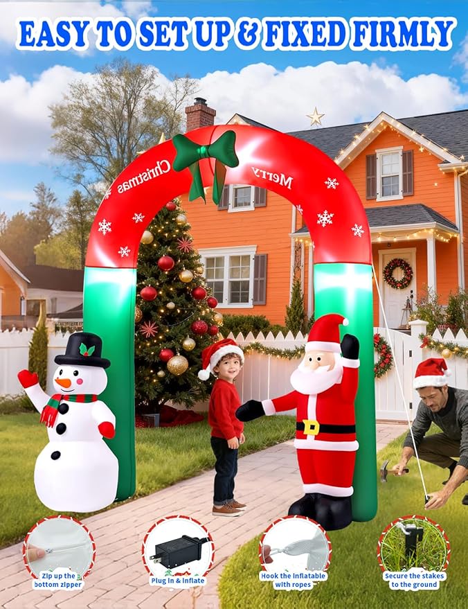 8FT Christmas Inflatables Outdoor Decorations,Inflatable Santa Claus and Snowman Arch Build-in LED Light-Christmas Blow Up Yard Decorations for Indoor/Outdoor Holiday Garden Lawn Yard Patio