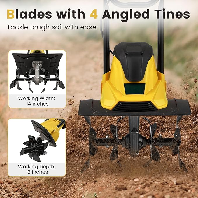 Goplus Corded Electric Tiller Cultivator, 10 Amp Powerful Foldable Garden Rototiller w/ 14 Inch Tilling Width & 9 Inch Working Depth, Safety Lock, Gardening Machine for Lawn Soil Digging