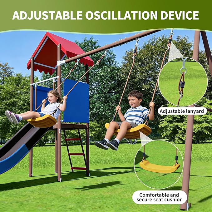 Beach Swing Set for Outdoor Playset with Slide, – Durable and Safe Outdoor Play Equipment with Swing Set and Belt Swings, Rock Climbing Ladder & Shaded Fort