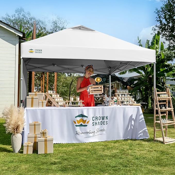 CROWN SHADES 10x10 Pop Up Canopy with 1 Side Wall - Beach Tent with One Push Setup - Outdoor Sun Shade for Events, Parties, Camping - Gazebo with STO-N-Go Cover Bag (White)