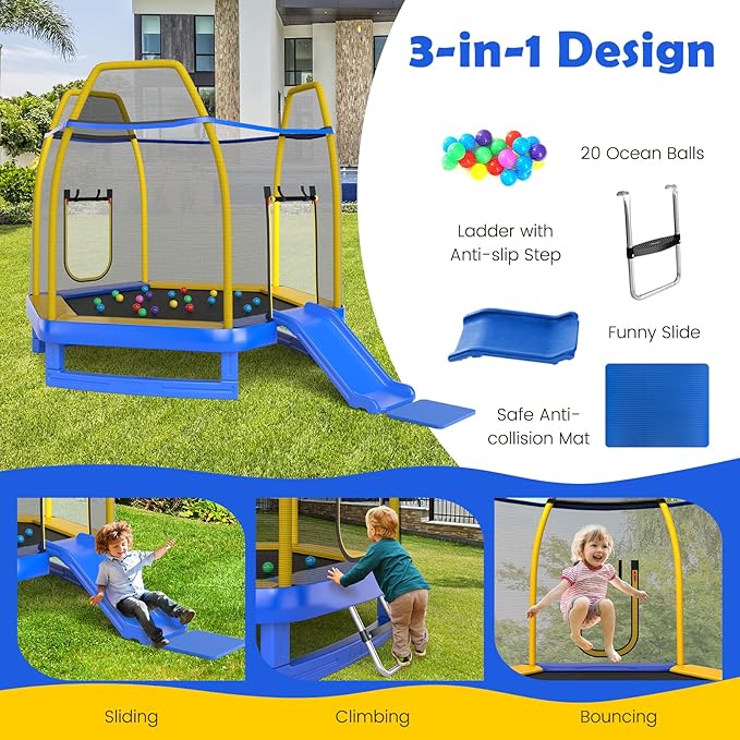 GYMAX Trampoline for Kids, ASTM Approved 7FT Trampoline with Slide, Ladder, Ocean Balls & Mats, Small Indoor/Outdoor Toddler Recreational Trampoline with Enclosure Net, Backyard Trampoline
