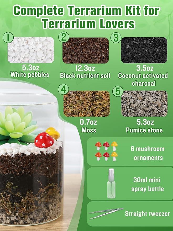 Terrarium Kit Adults - Includes Pumice, Moss, Soil, Pebbles, Charcoal, 2 Tools, Mushroom Ornaments for Succulent Cactus, Christmas Terrarium Accessories Decor Gifts for Starter Women
