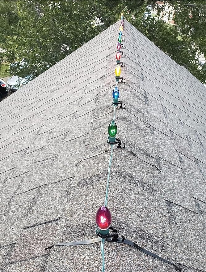 Ridge Clips for Christmas Lights – Secure Roof Ridgeline Mount – Fits Asphalt Shingles & Vents – C6, C7, C9, Pixel Bulbs, Mini and Rope Lights – Durable Outdoor Clip (Pack of 25)