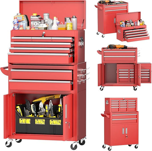INTERGREAT Tool Chest Cabinet,8-Drawer Rolling Tool Chest with Detachable Top Tool Box, Tool Chests with Universal Lockable Wheels, Metal Tool Cart for Garage, Workshop, Barbershop(Red)