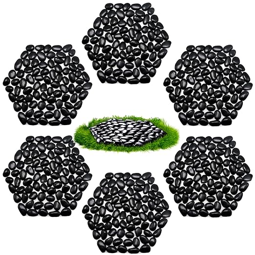 10in River Rock Stepping Stones Set - 6 Pack | Polished Pebble | Long-Lasting PVC Mesh Backing | Perfect for Garden Paths and Lawns Outdoor Landscaping Decoration | Black Rhombus