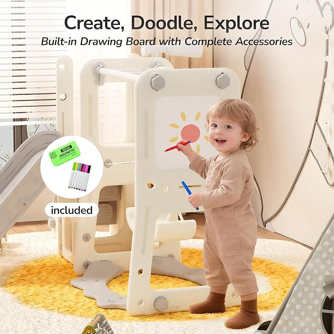 9 in 1 Toddler Slide and Swing Set with Basketball Hoop, Drawing Board, Rings & Telescope Indoor Outdoor Playset for Kids, Playground Activity Center, Toddler Swing and Slide Set