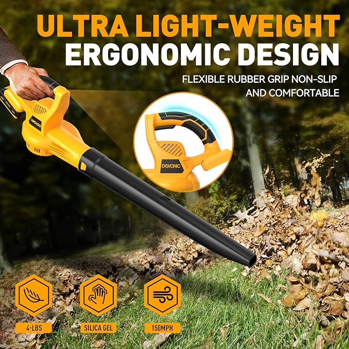 DEVONIC Leaf Blower Cordless, 21V Electric Cordless Leaf Blower with 2 Batteries and Charger,150MPH for Lawn Care,Patio, Garden, House, Depot (Medium Cordless Leaf Blower)