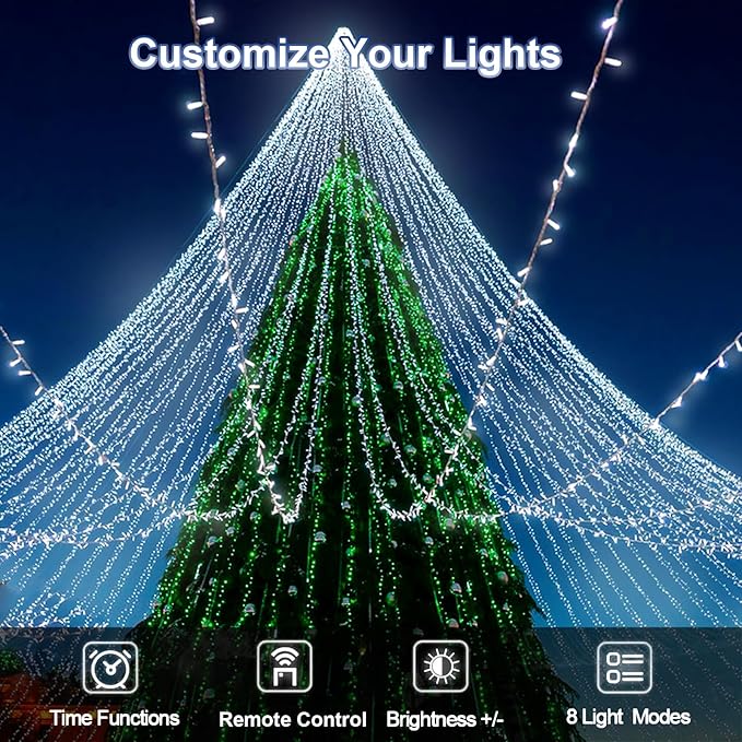 403 FT 1000 LED Christmas Lights Outdoor Fairy Lights Plug In Extra Long String Lights Clear Wire Waterproof 8 Modes Timer for Outside House Tree Garden Yard Wedding Party Decorations-Cool White