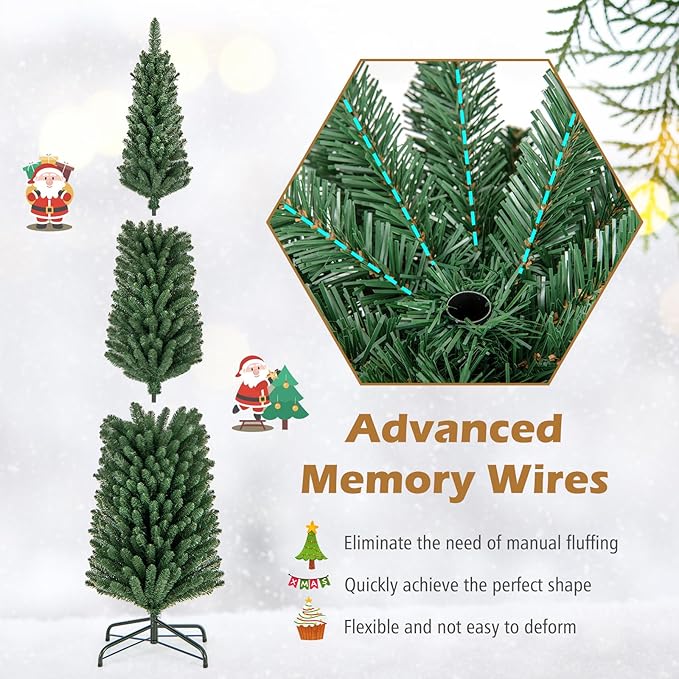 GOFLAME 8FT Pencil Christmas Tree, Slim Artificial Xmas Tree with 671 Memory Wire Branch Tips & Upgraded Metal Stand, Seasonal Holiday Decoration Tree for Home Office Party