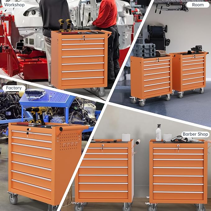 7-Drawer Tool Chest,Rolling Tool Cart with Wheels,High Capacity Tool Cabinet with Locking System for Garage, Warehouse, Workshop-Orange