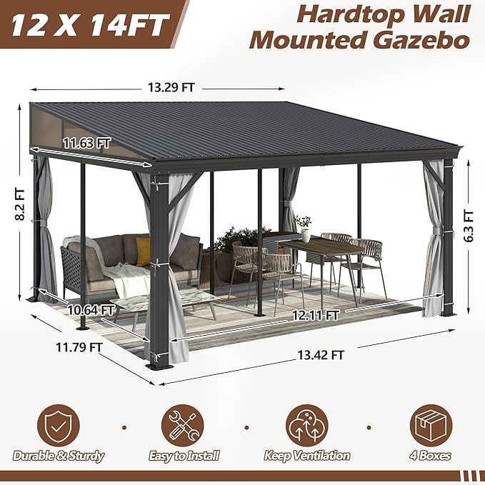 12' x 14' Hardtop Wall Mounted Gazebo, Lean to Gazebo with Galvanized Steel Roof Aluminum Frame Wall Gazebos Pergola with Netting&Curtains for Outdoor, Backyard, Patio