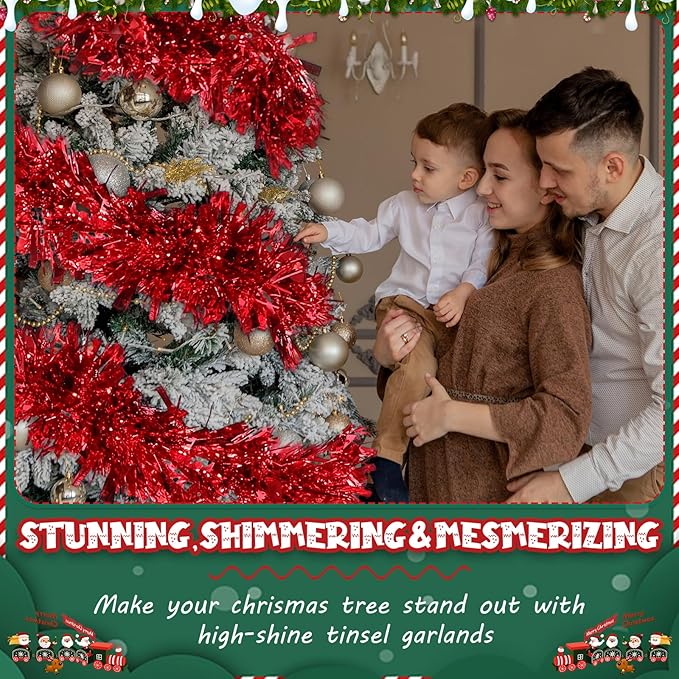 177 Feet Christmas Tinsel Garland Metallic Shiny Hanging Christmas Tree Tinsel Garland Ornaments for Indoor Outdoor Party Wedding Holiday(Red)