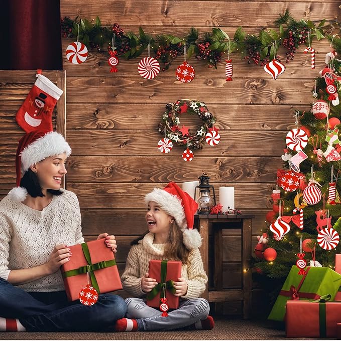 36 Pieces Candy Cane Christmas Ornaments Wood Hanging Decor Xmas Tree Cutouts Peppermint for Home Party Decoration Supplies (Candy Style)