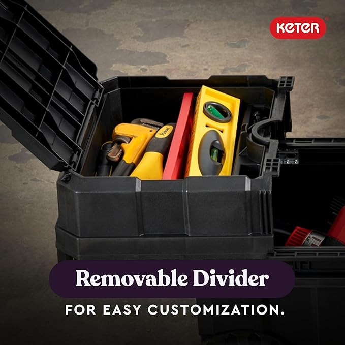 Keter Masterloader Resin Rolling Tool Box with Locking System and Removable Bins ? Perfect Organization and Storage Chest for Power Drill, Tape Measure, and Screwdriver Set, Black