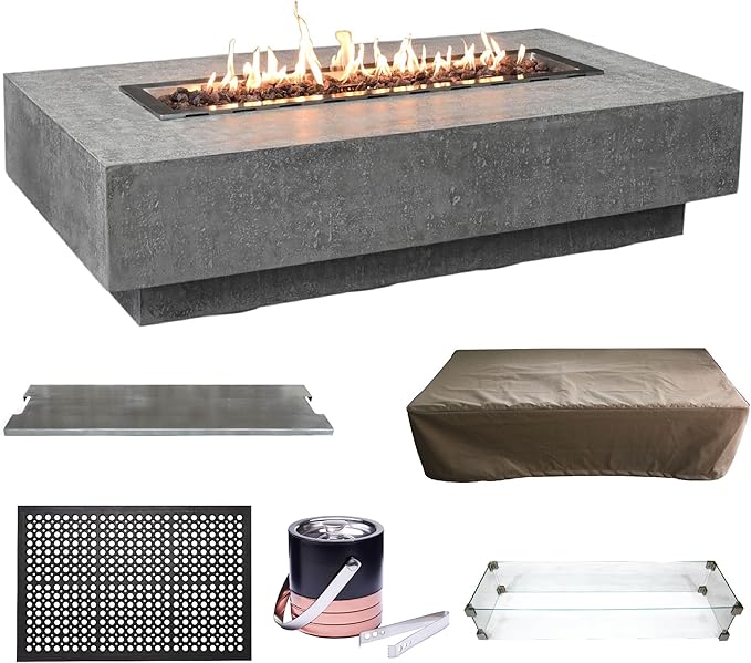 Elementi Hampton Fire Pit Bundle Outdoor Firepit Set Includes 56¡± Natural Gas Concrete Firepit Table, Glass Windscreen, Stainless Steel Cover, Canvas Cover, Floor Mat, Ice Bucket