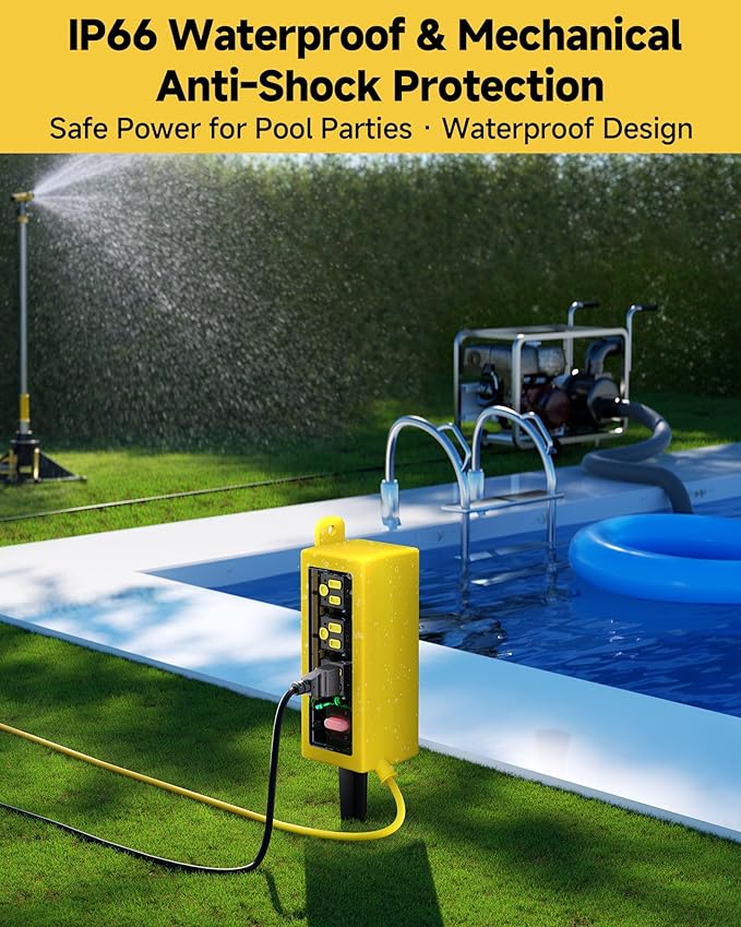 IP66 Outdoor Power Strip Waterproof,Heavy Duty Surge Protector, 15 FT Extension Cord, All-Weatherproof,6AC, Suitable for Outdoor, Work Room, Patio Gardens, Pool Parties,Yellow