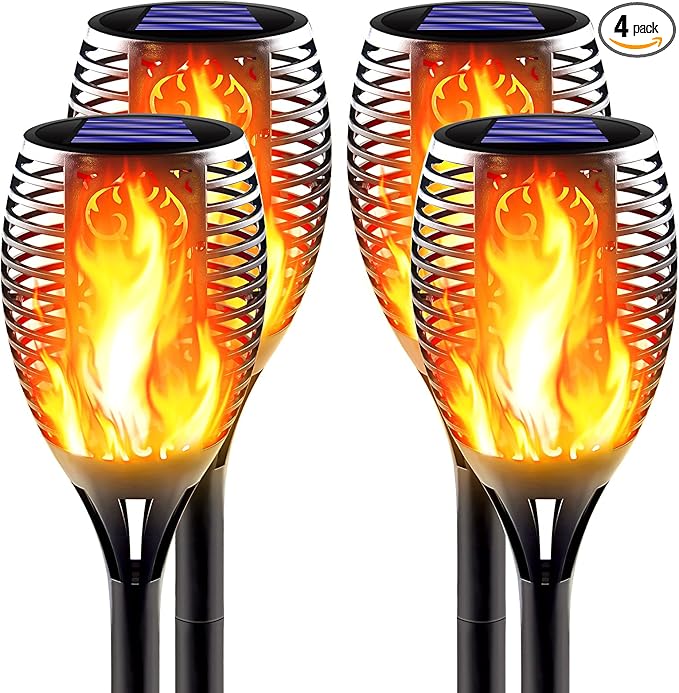 Large Solar Torch Light with Flickering Flame, Upgraded Ultra-Bright Solar Outdoor Lights, Waterproof Landscape Decorations Lighting Security Tiki Torches for Garden Yard Pathway (4 Pack)