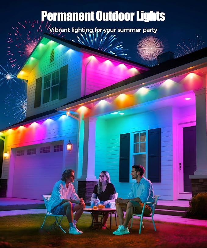 POOFZY Permanent Outdoor Lights for House,50ft RGB+IC Smart Outdoor Decor, 50 Scene Modes,App/Remote Control,IP67 Waterproof,for Christmas,Halloween,Daily & Holiday Party Decor,House Roof Lighting