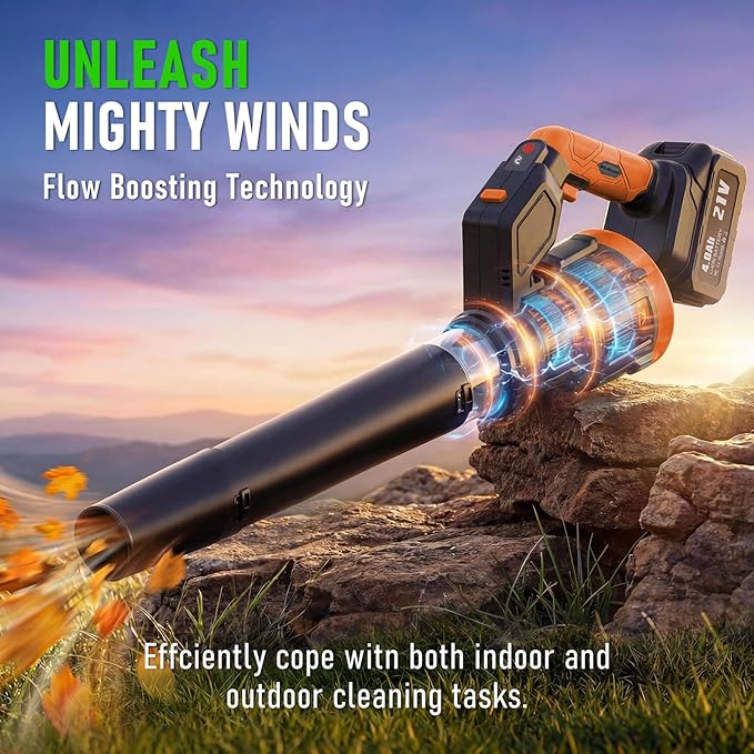 Electric Leaf Blower Cordless, 180¡Æ Rotatable, 2 Batteries & Charger, Handheld Leaf Blowers for Lawn Care, 4 Speed Mode, Portable Lightweight Grass Blower for Yard (Orange-Black)