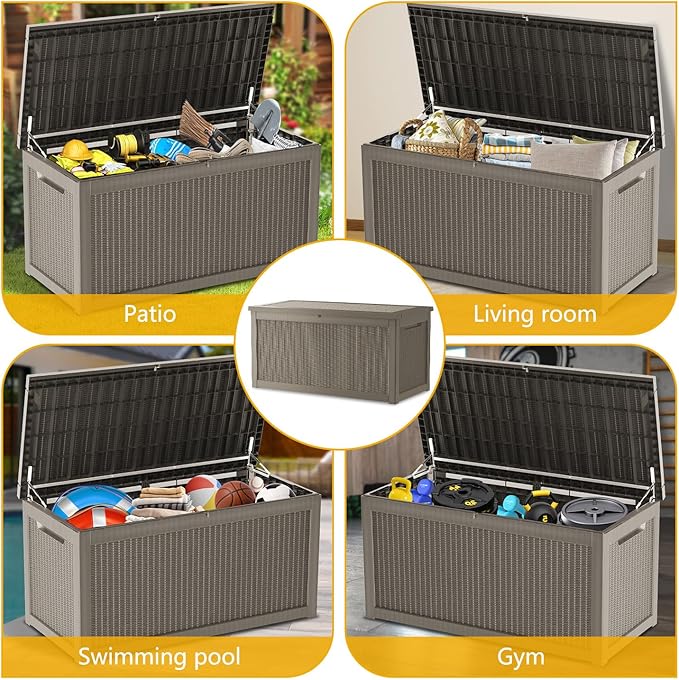 Mersco 320 Gallon Double-Wall Resin Deck Box - Lockable Waterproof Outdoor Storage Box, 1000lbs Capacity & Doubles as Seating for Patio Furniture - Garden Tools, Pool Accessories (Grey)