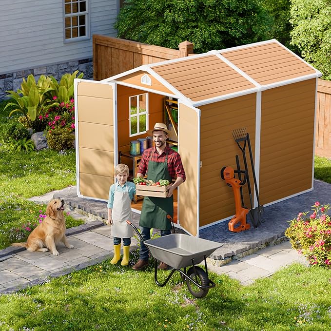 HUSFU 8x6 FT Outdoor Storage Shed with Floor and Lockable Door,Waterproof Resin Tool Shed for Garden, Backyard, Patio,Perfect to Store Patio Furniture,Yellow