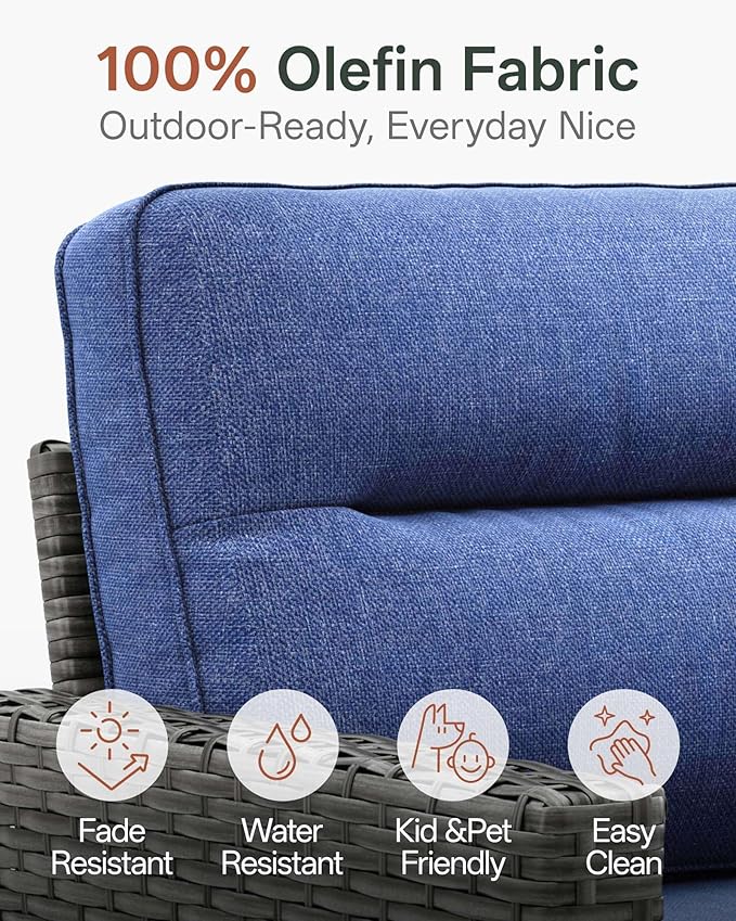Luxury 10-Piece Patio Furniture Set with 6-Inch Thick Cushions, Outdoor Couch and Swivel Rocker Chairs, Wicker Conversation Set for Porch, Deck, Yard, Pool in Blue