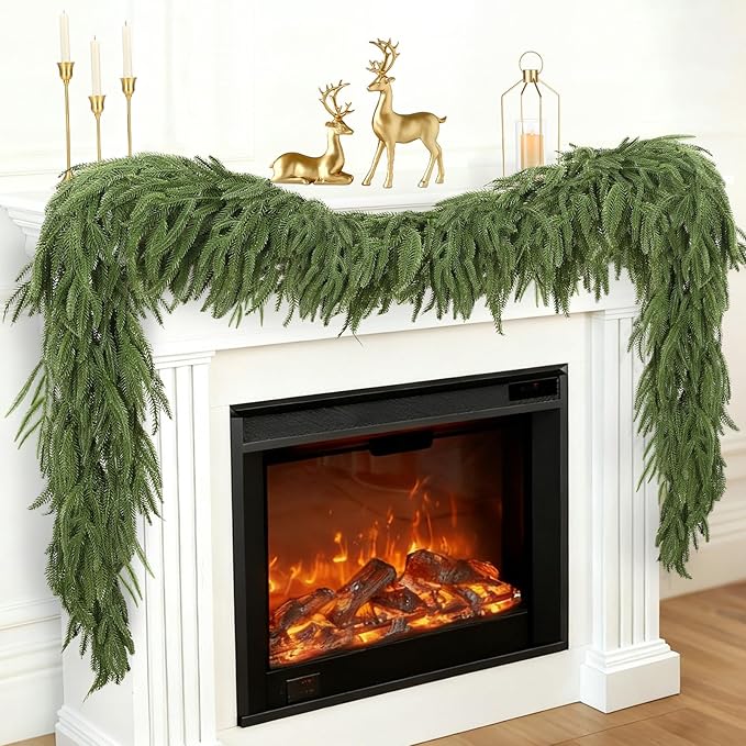 6 FT Artificial Christmas Norfolk Pine Garland, Realistic Greenery Garland for Indoor Outdoor Door Porch Fireplace Wall Staircase Holiday Christmas Decorations