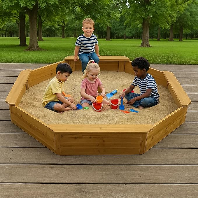 68x68x8.4 Kid's Octagonal Wooden Outdoor Sandbox,Large Natural Wooden Sandpit with 4 Benches, Bottom Liner,Sand Box for Backyard, Patio, Outdoor Play Sand Box for Kids Ages 4-8